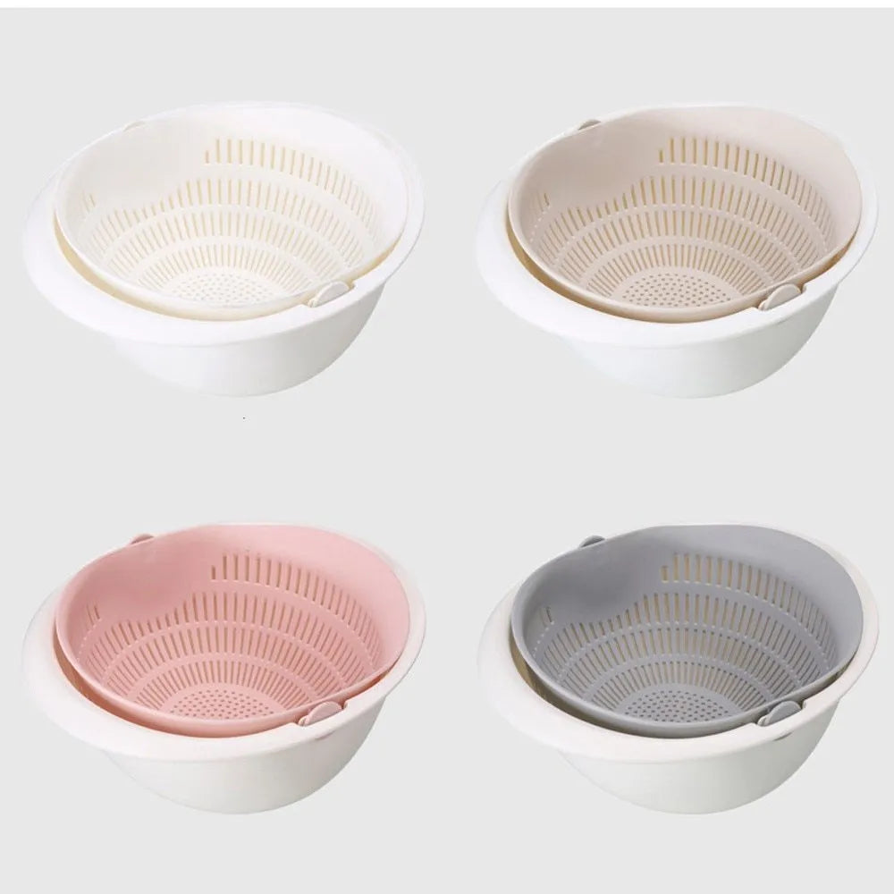 Double-layer hollow PP plastic fruit and vegetable cleaning drain basket 23cm stacked on kitchen counter