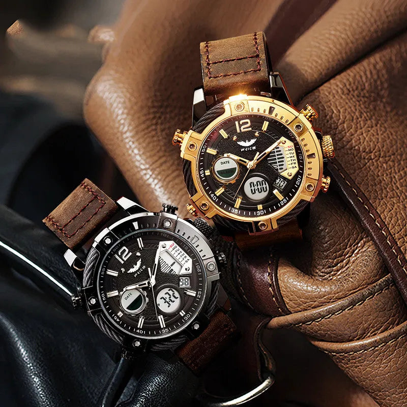 Men's 48mm luminous quartz watch with leather strap, stainless steel case, and mineral glass dial