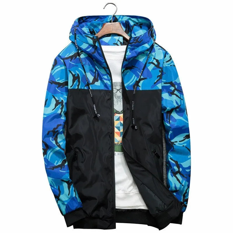Men's camouflage lightweight hoodie in army green showing front view with hood up, size chart available