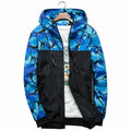 Men's camouflage lightweight hoodie in army green showing front view with hood up, size chart available
