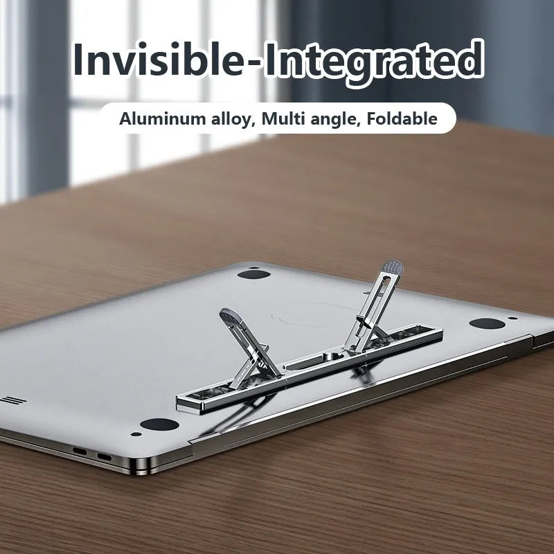 Aluminium laptop cooling bracket in silver colour with adjustable heightening base