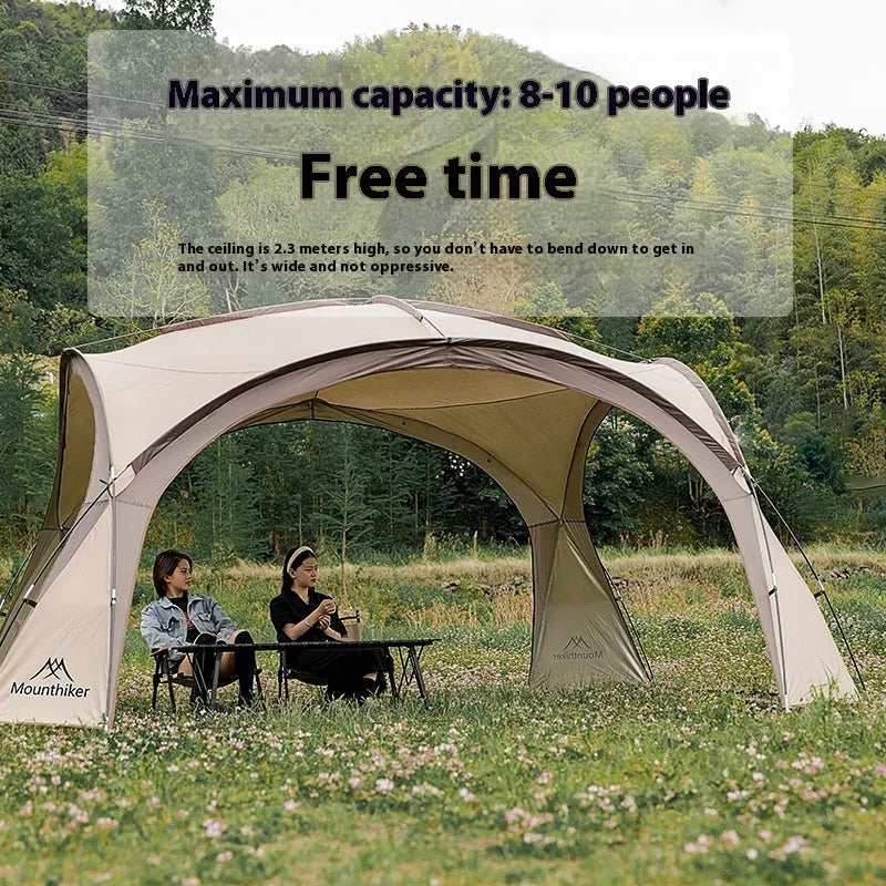 Outdoor dome canopy sunshade with ventilation, dimensions 410 cm by 230 cm, suitable for campsite use.