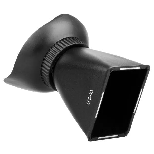 Black camera LCD viewfinder magnifier attached to a DSLR, showing 180-degree rotation.