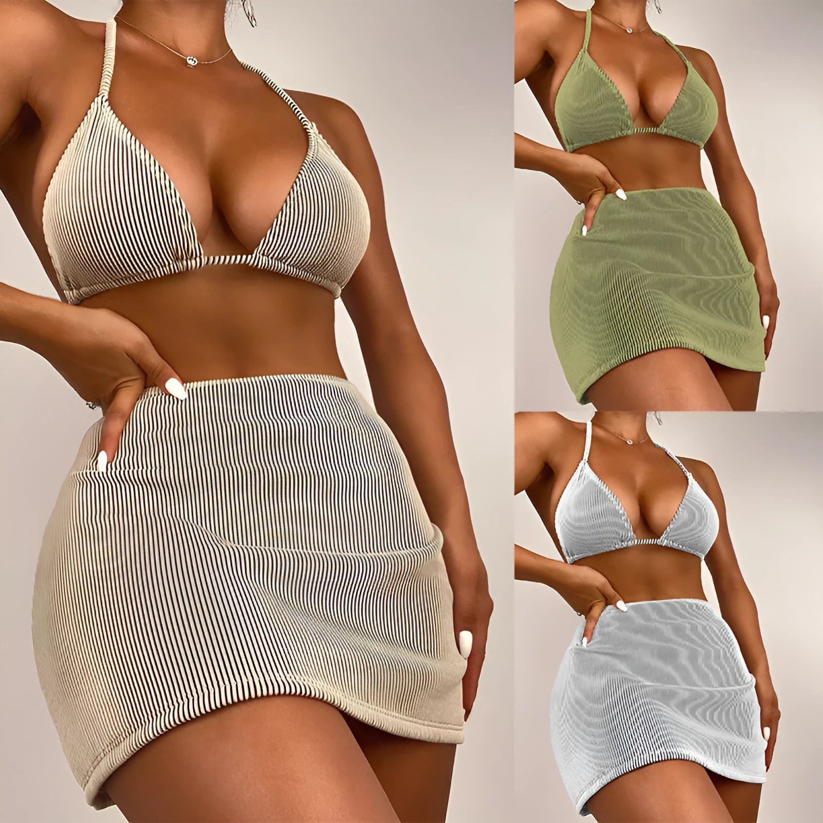 Women's rib fabric bikini swimsuit set in four colour options showing three-piece design for summer swimming