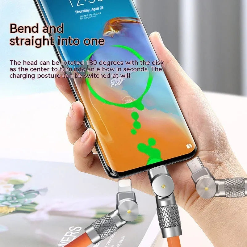 Zinc alloy rotating three-in-one data cable with light and elbow USB design, orange colour, on a white background