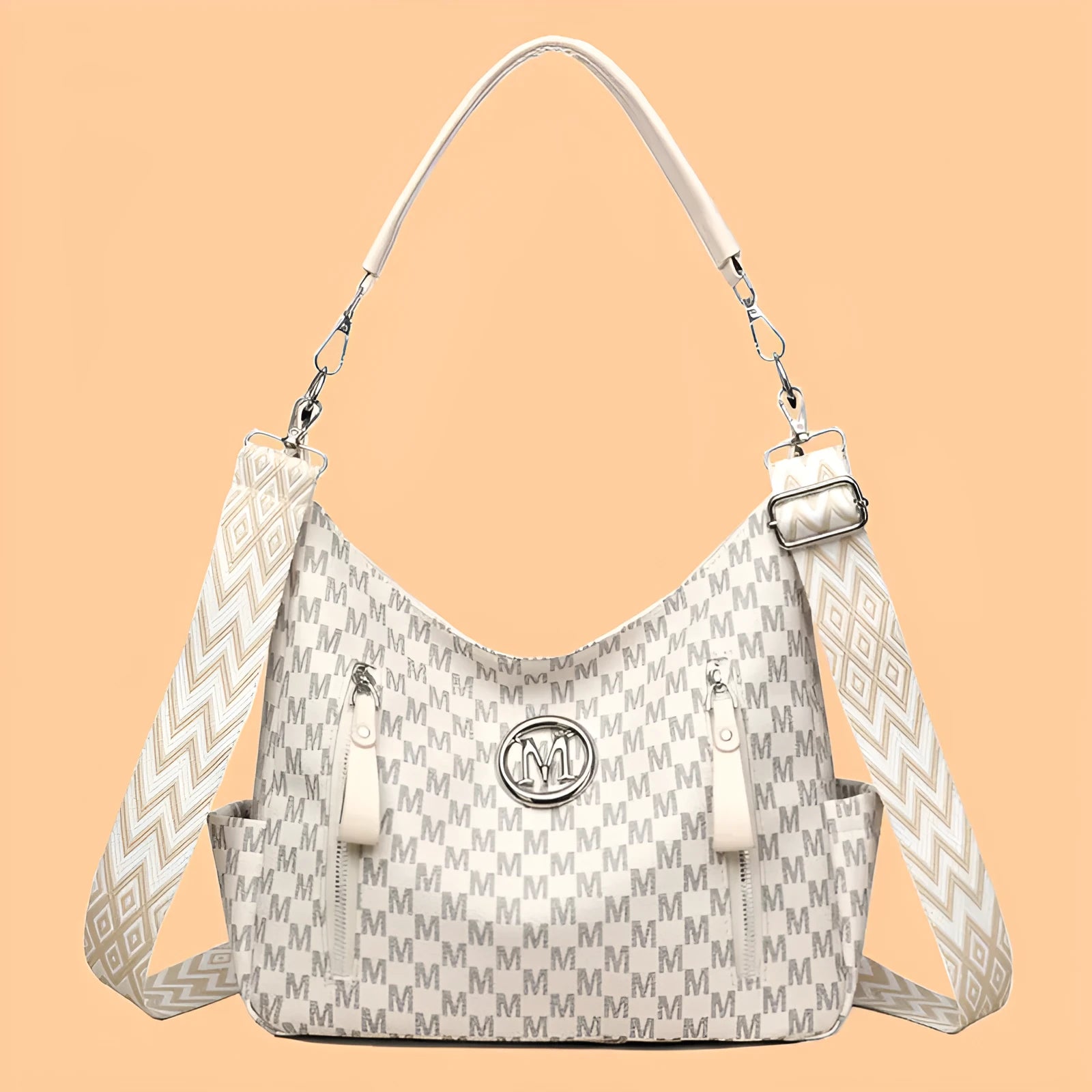 Retro simple printed shoulder messenger bag in milky white colour with double connector strap