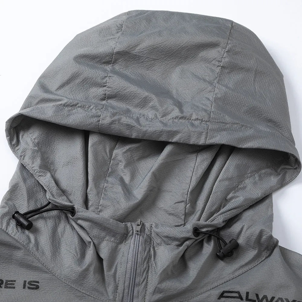 Men's gray nylon sun protection jacket with letter print on front