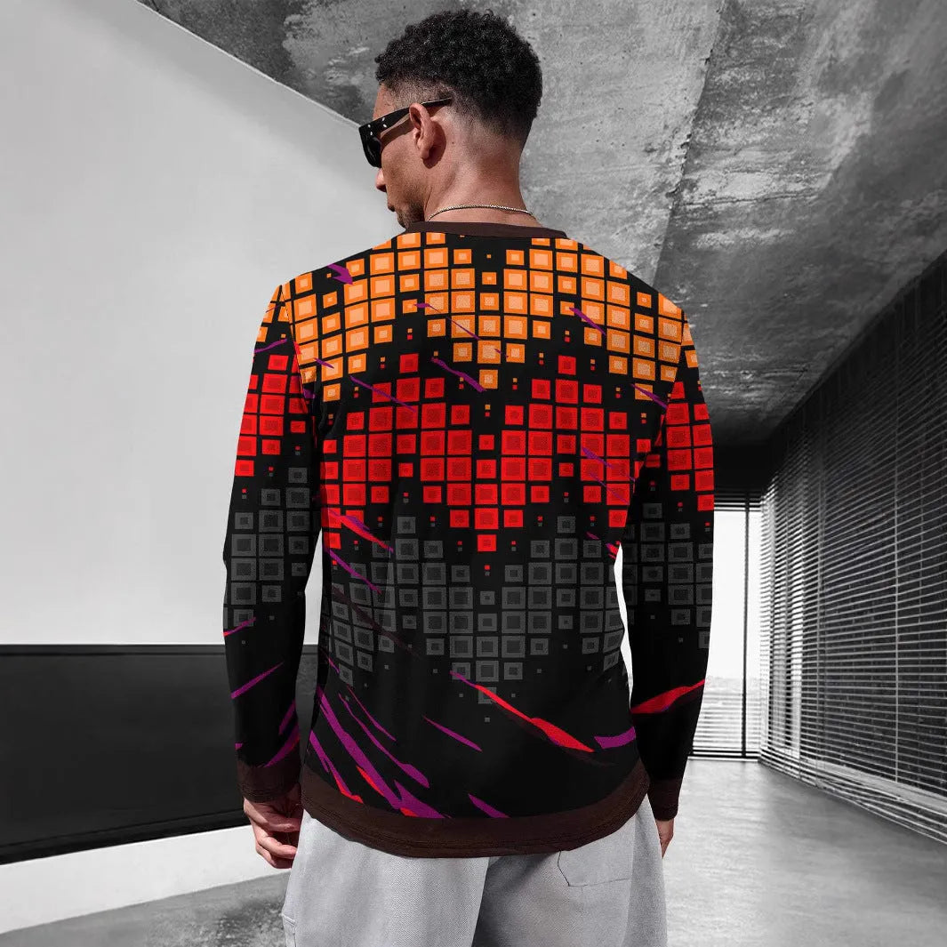 Man wearing a simple grey long sleeve round neck pullover made from milk silk fabric.