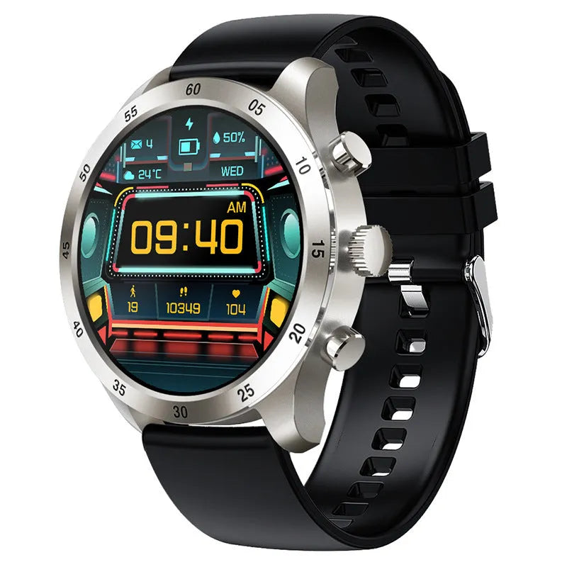 Black Bluetooth smartwatch with stainless steel strap showing a heart rate monitoring display on screen.