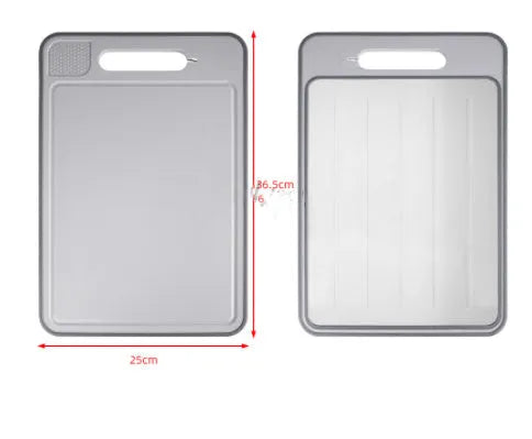 Grey square aluminium cutting board with double sides, grinding teeth and built-in knife sharpener