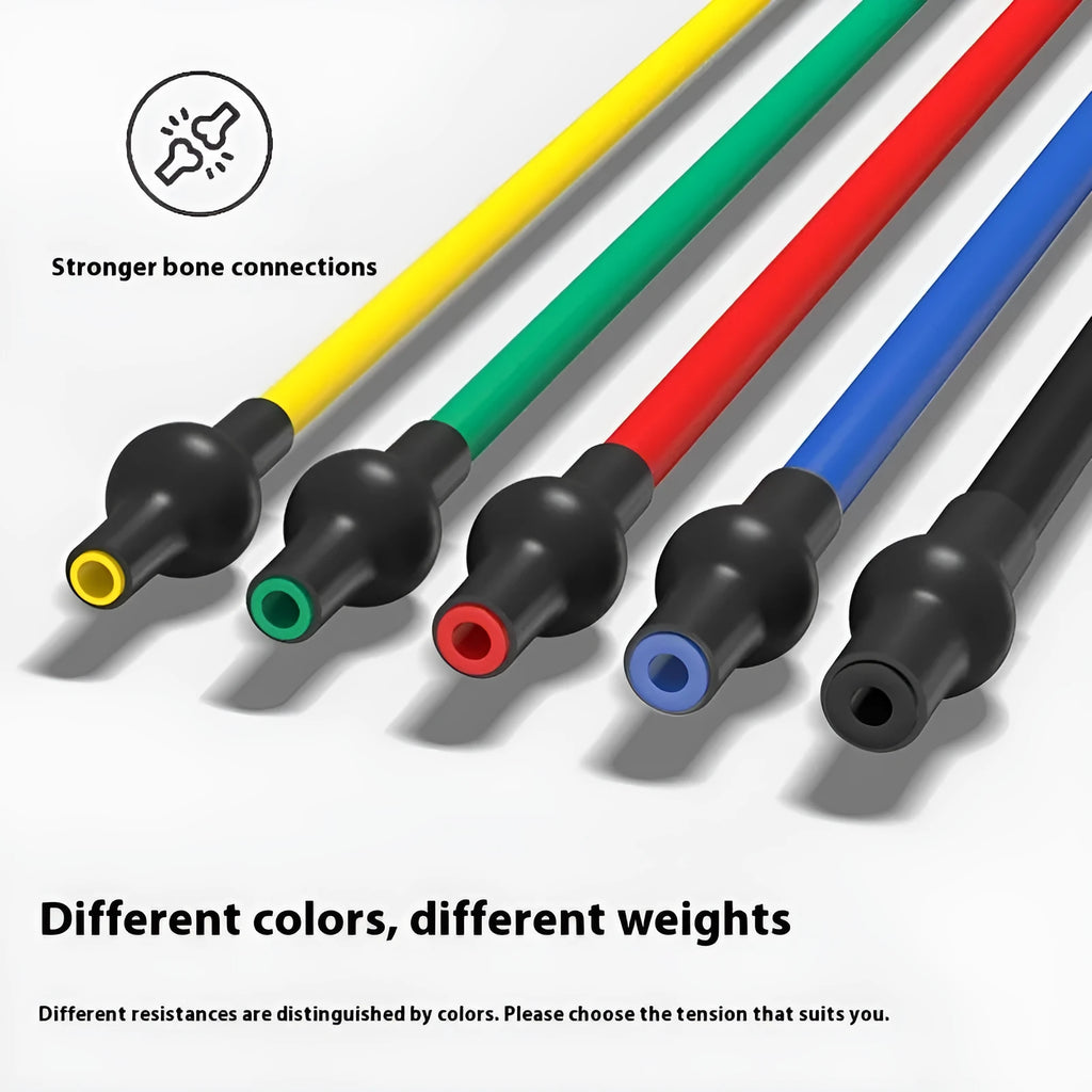 Adjustable chest expander with colour-coded TPE tension ropes: yellow, green, red, blue, black.