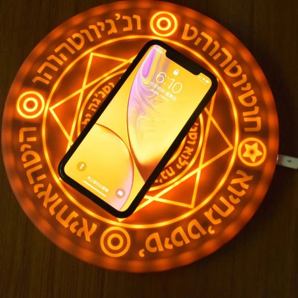 10W fast wireless charger with magic array LED glowing pattern on an ultra-thin black ABS base.