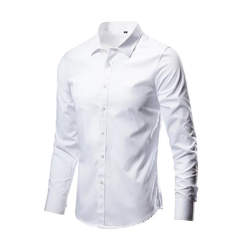 Man wearing a loose-fit long-sleeve linen shirt in a neutral colour, showcasing the casual style.