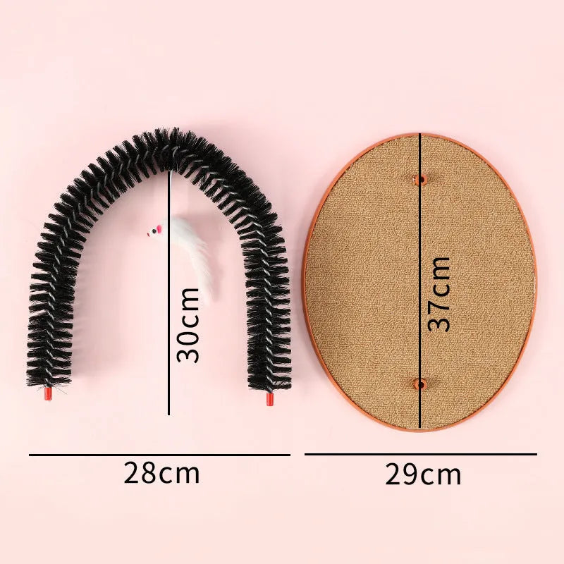Black arch-shaped cat scratching post with brush, attached plush mouse toy, and non-slip base.