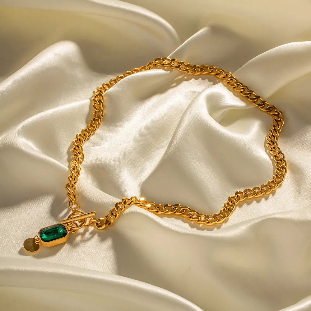 Gold titanium steel pendant necklace with emerald zircon stone and Cuban link chain