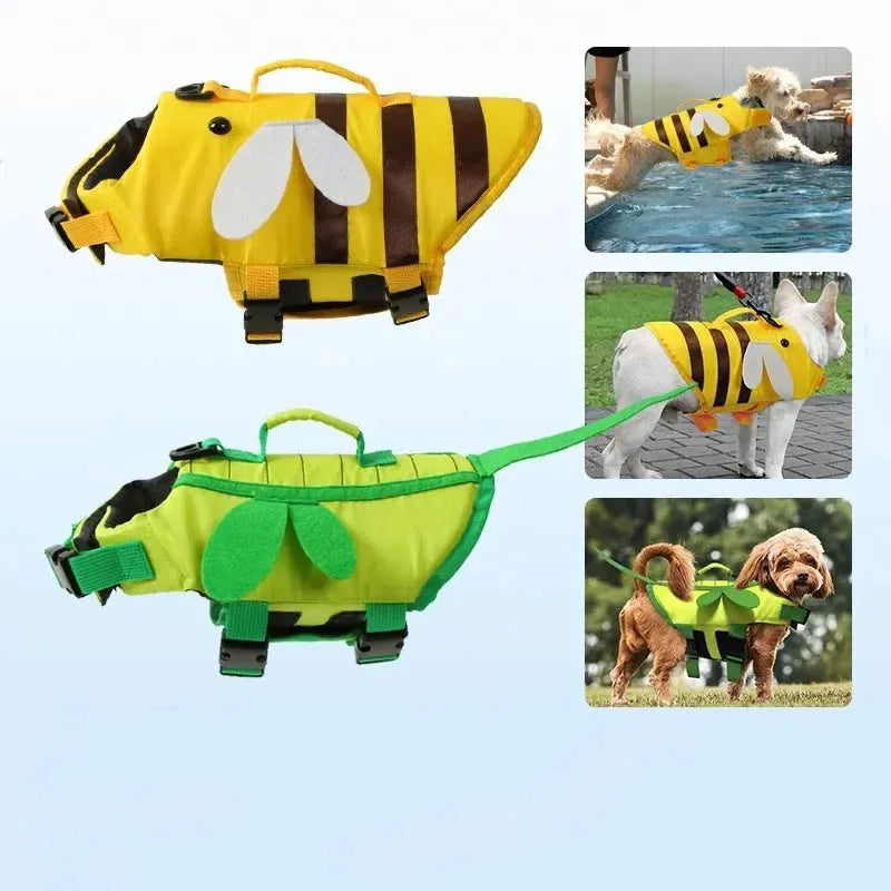 Green adjustable dog life vest with reflective strips and quick-dry mesh material