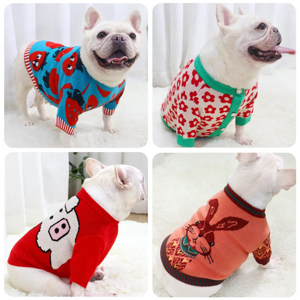Cartoon-themed wool dog sweater for autumn and winter in rabbit, red pig, strawberry, and flower button designs.
