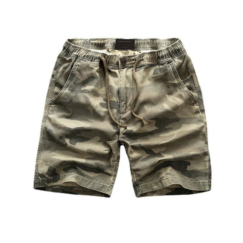 Men's cotton shorts in camouflage green with a zip fly and mid-rise waistband.