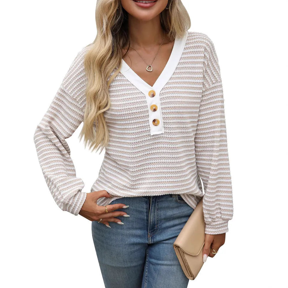 Women's loose-fit patchwork V-neck pullover top in a choice of colours.