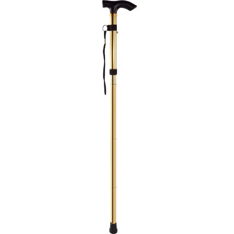 Aluminium alloy folding walking cane extended, showing adjustable sections and non-slip tip.