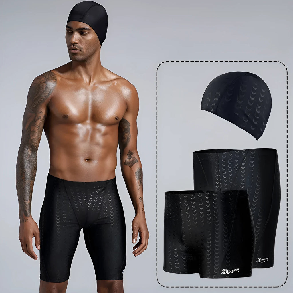 Men's solid colour swimming trunks in waterproof shark skin polyester fabric