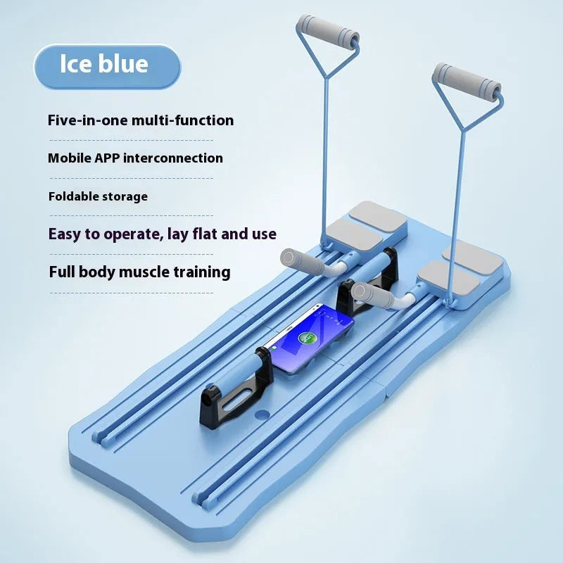 Blue and pink multi-functional five-in-one fitness board with abdominal wheel for home workouts