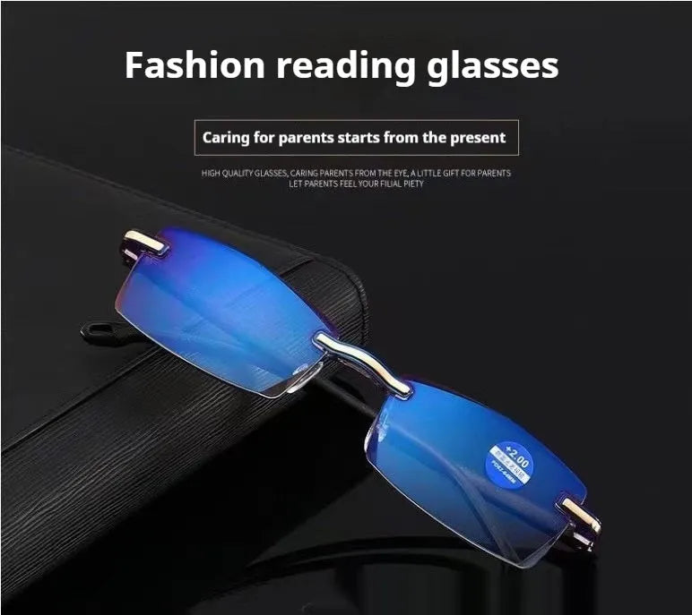 Frameless anti-blue light presbyopic glasses for elderly with diamond trimming, black frame transparent lens option