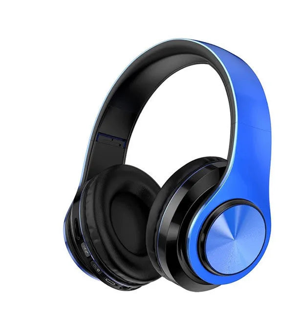 Folding Bluetooth headphones with 40mm drivers in black, blue, or white colour options showing dual connectivity with 3.5mm jack
