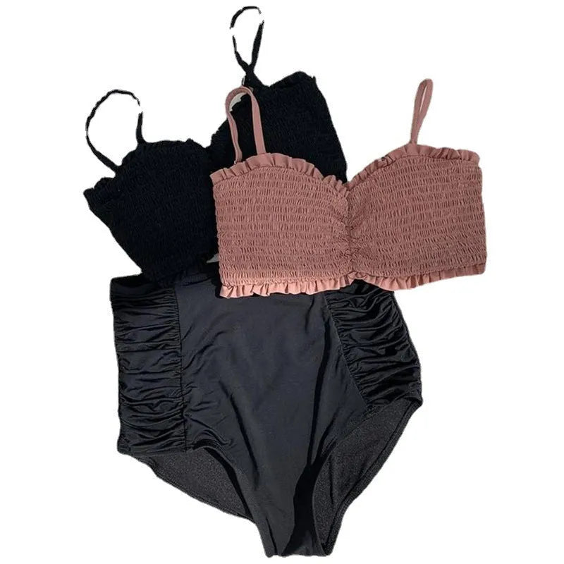 Women's retro high-waisted bikini set in cameo brown colour with split-style design