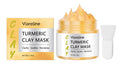 Yellow turmeric mud face mask in 50g pot with an accompanying mask brush on a white background
