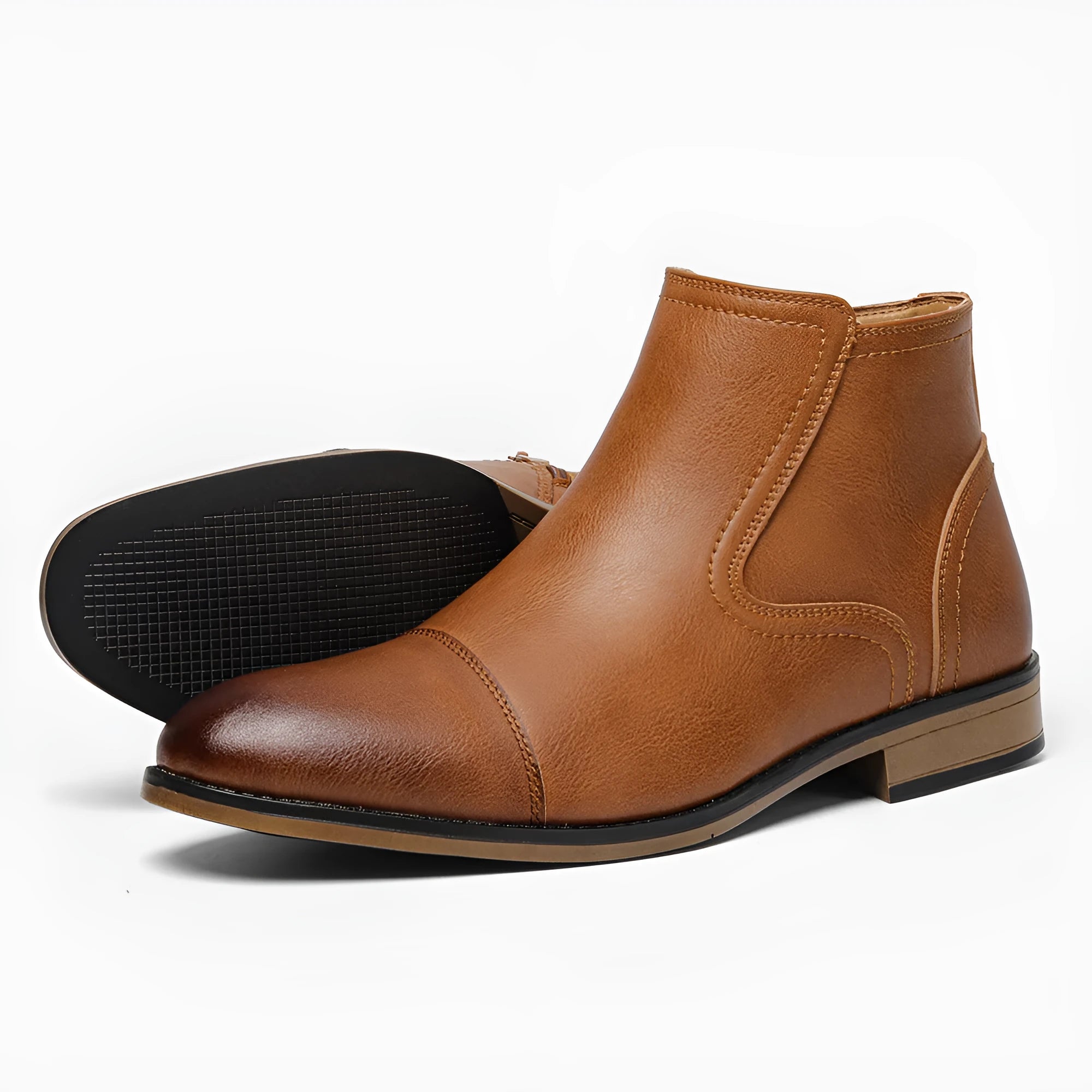 Men's brown Chelsea boot with a side zip, round toe, and low wooden heel on a white background.