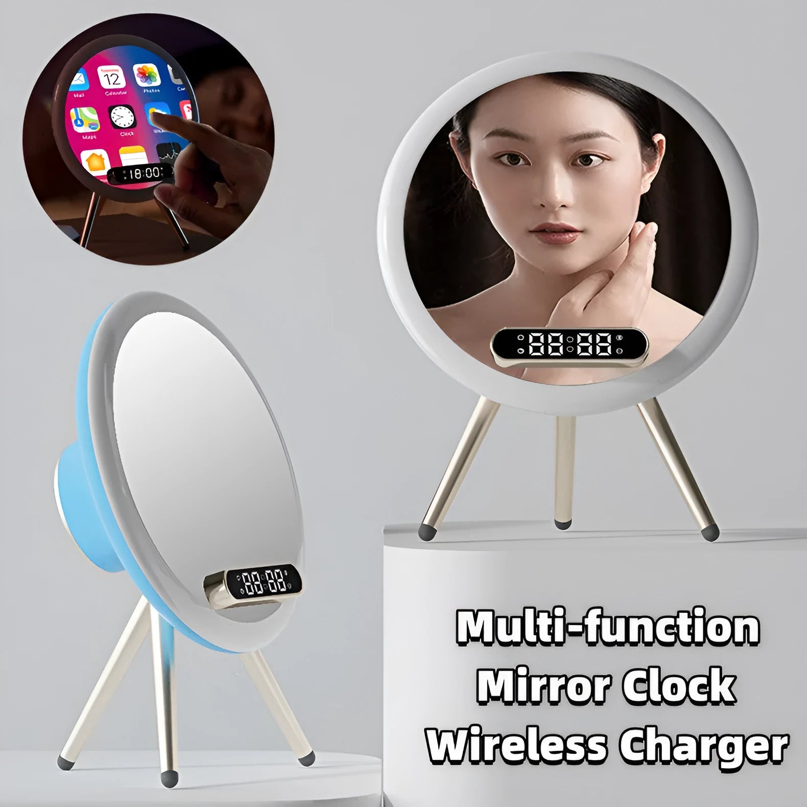 White multi-function LED mirror alarm clock with wireless charger and Bluetooth speaker on a table