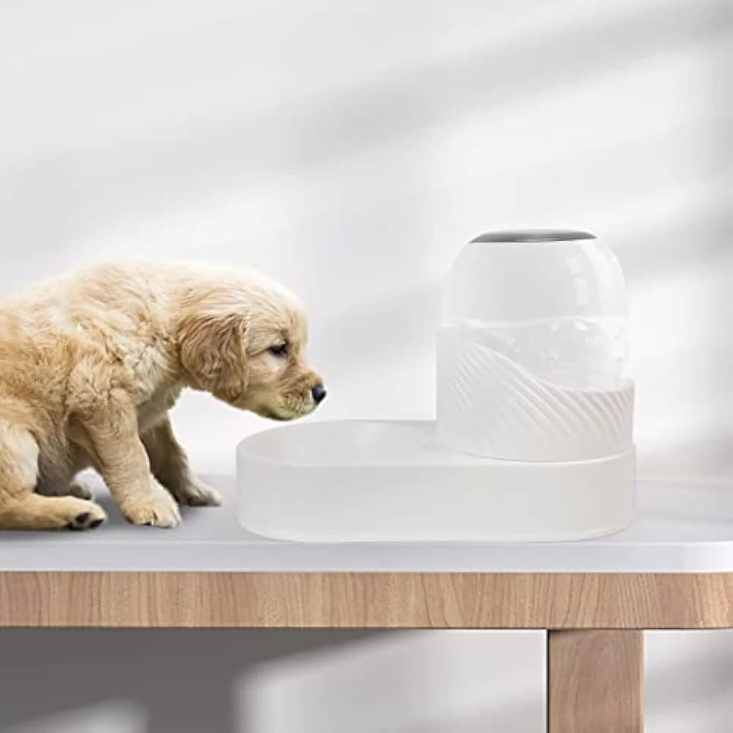 White automatic gravity cat feeder and water dispenser set with wave-shaped design on a table.