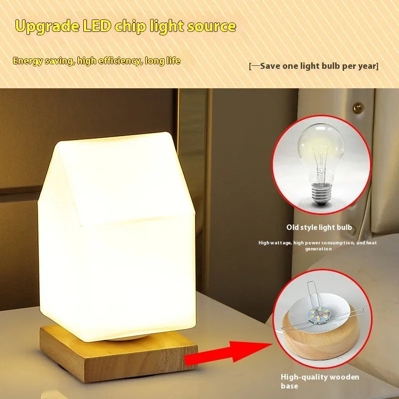 Nordic solid wood flower-shaped USB table lamp with touch dimming control on a desk.