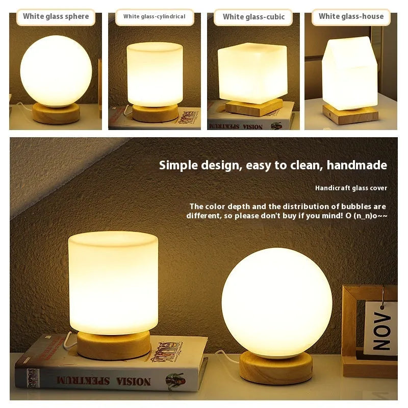 Nordic solid wood flower-shaped USB table lamp with touch dimming control on a desk.