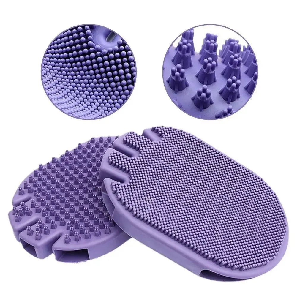 Purple dual-sided pet shampoo massage brush with soft TPR bristles and ergonomic handle