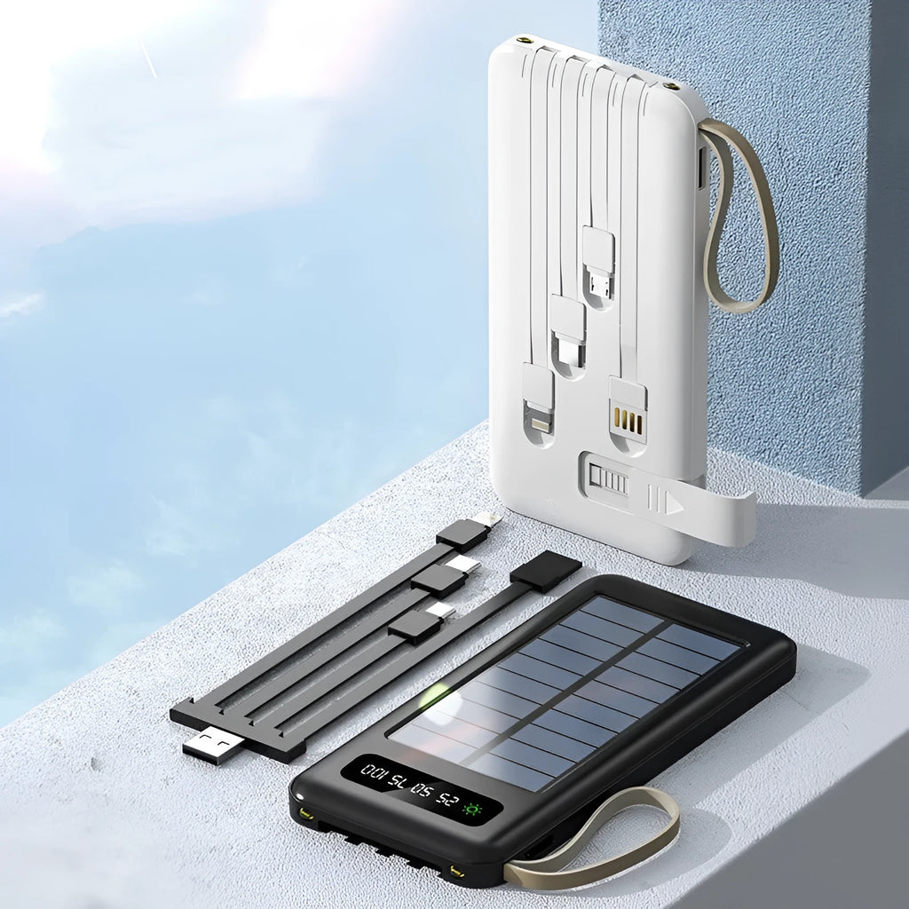 Black and white solar power bank showing size, solar panel, and USB ports for charging phones outdoors.