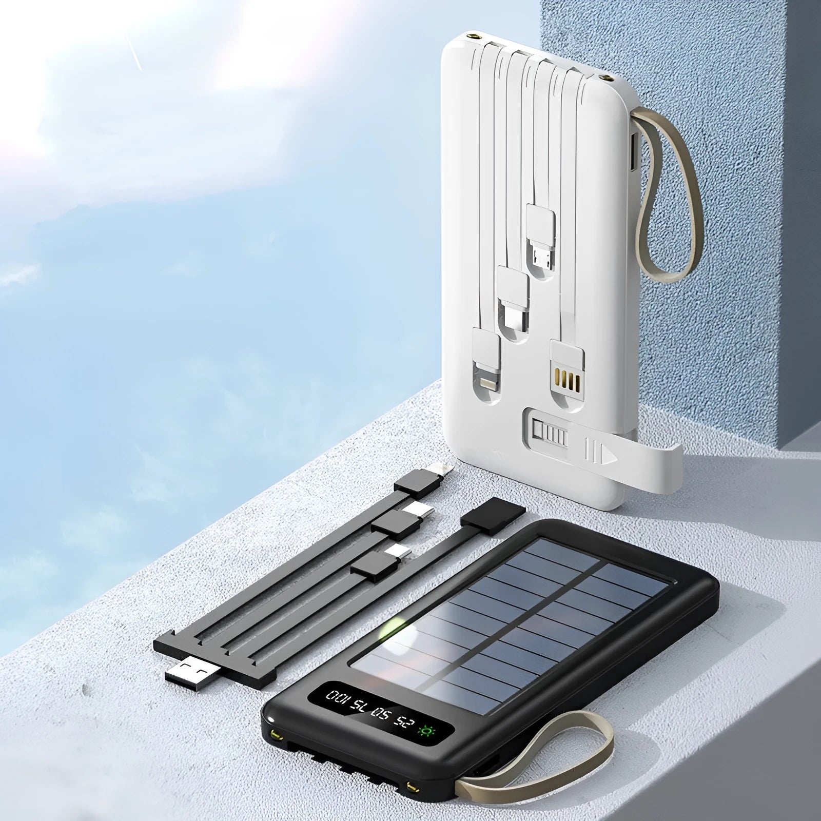 Black and white solar power bank showing size, solar panel, and USB ports for charging phones outdoors.