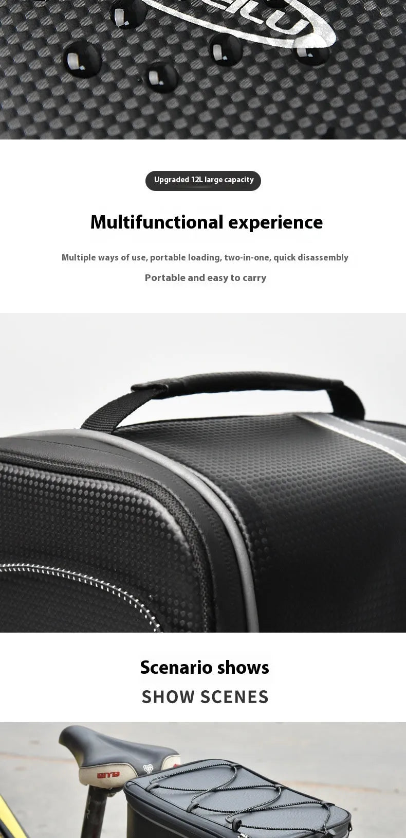 Black waterproof 12 litre car storage bag for bicycle rack equipment organisation