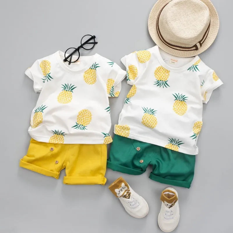 Summer kids cotton short-sleeved T-shirt and shorts two-piece set in pineapple yellow and green