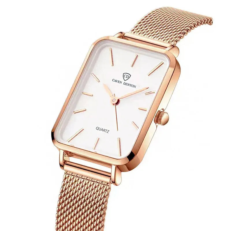Women's rose gold waterproof quartz watch with alloy case and woven steel strap.