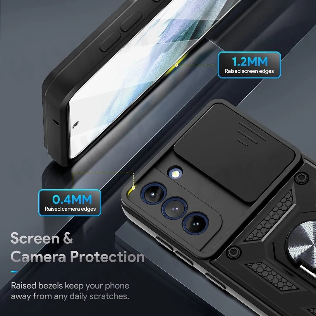 Samsung Sergeant Push Window Bracket Ring Phone Case in black and blue with geometric design