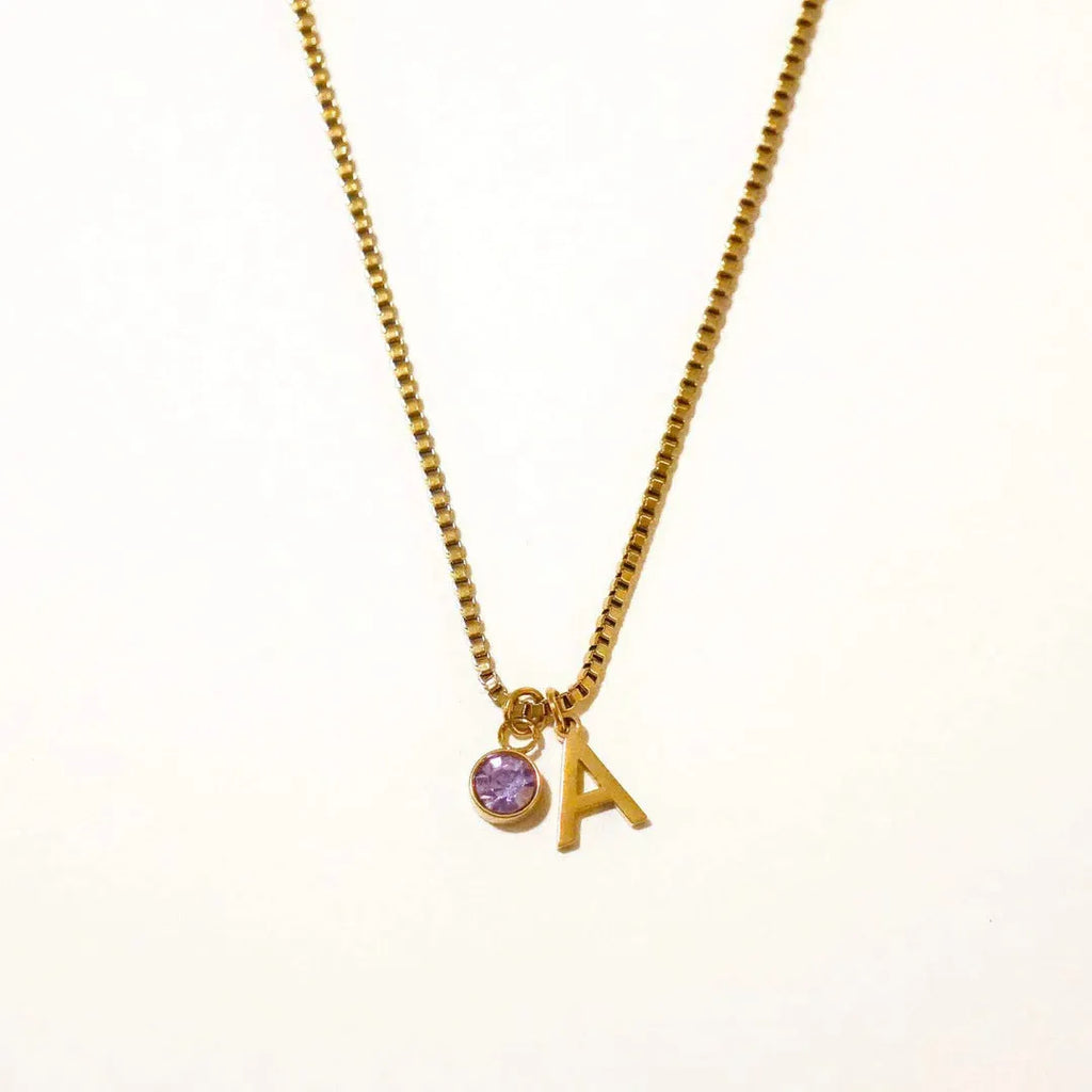 Gold and silver stainless steel birthstone first letter necklace with O-ring chain and personalised pendant