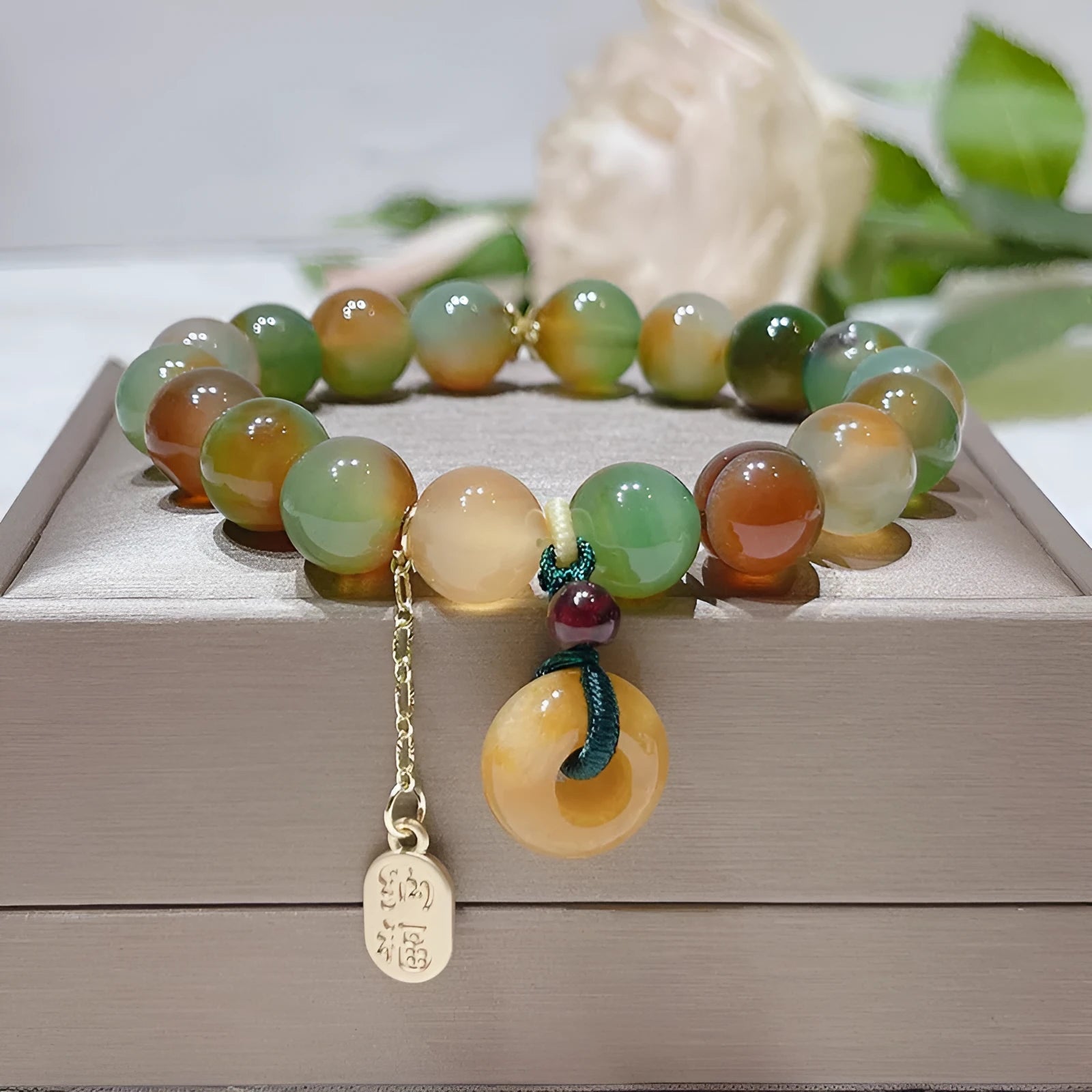 Yellow Lutong agate bracelet with peacock agate and topaz elements, peace buckle clasp, 1cm width women's jewellery