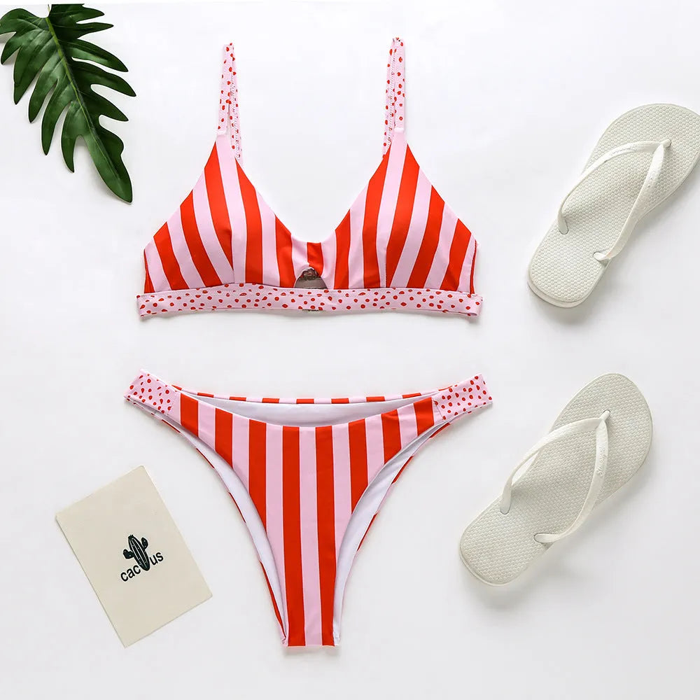 Women's polyester bikini swimsuit set in black and white dots or red and white stripes patterns