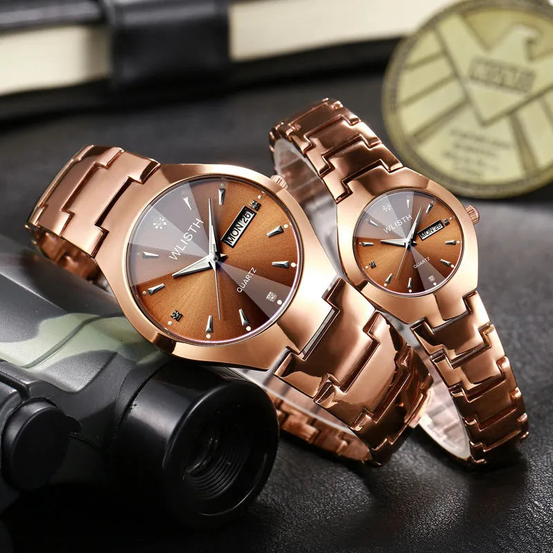 Coffee gold luminous couple watch with alloy strap and quartz movement on a light background