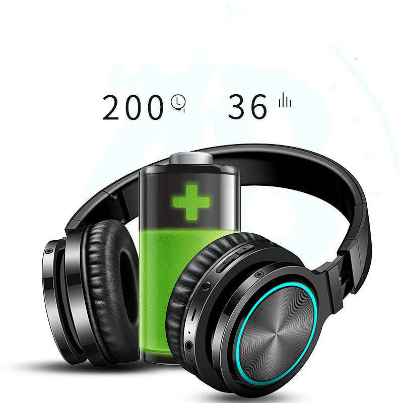 B12 wireless folding headset in black, red, and grey colour variants showing head-mounted design.