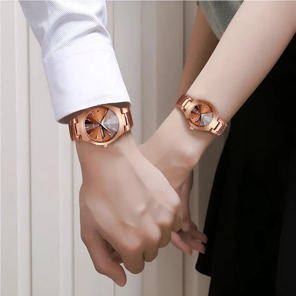 Coffee gold luminous couple watch with alloy strap and quartz movement on a light background