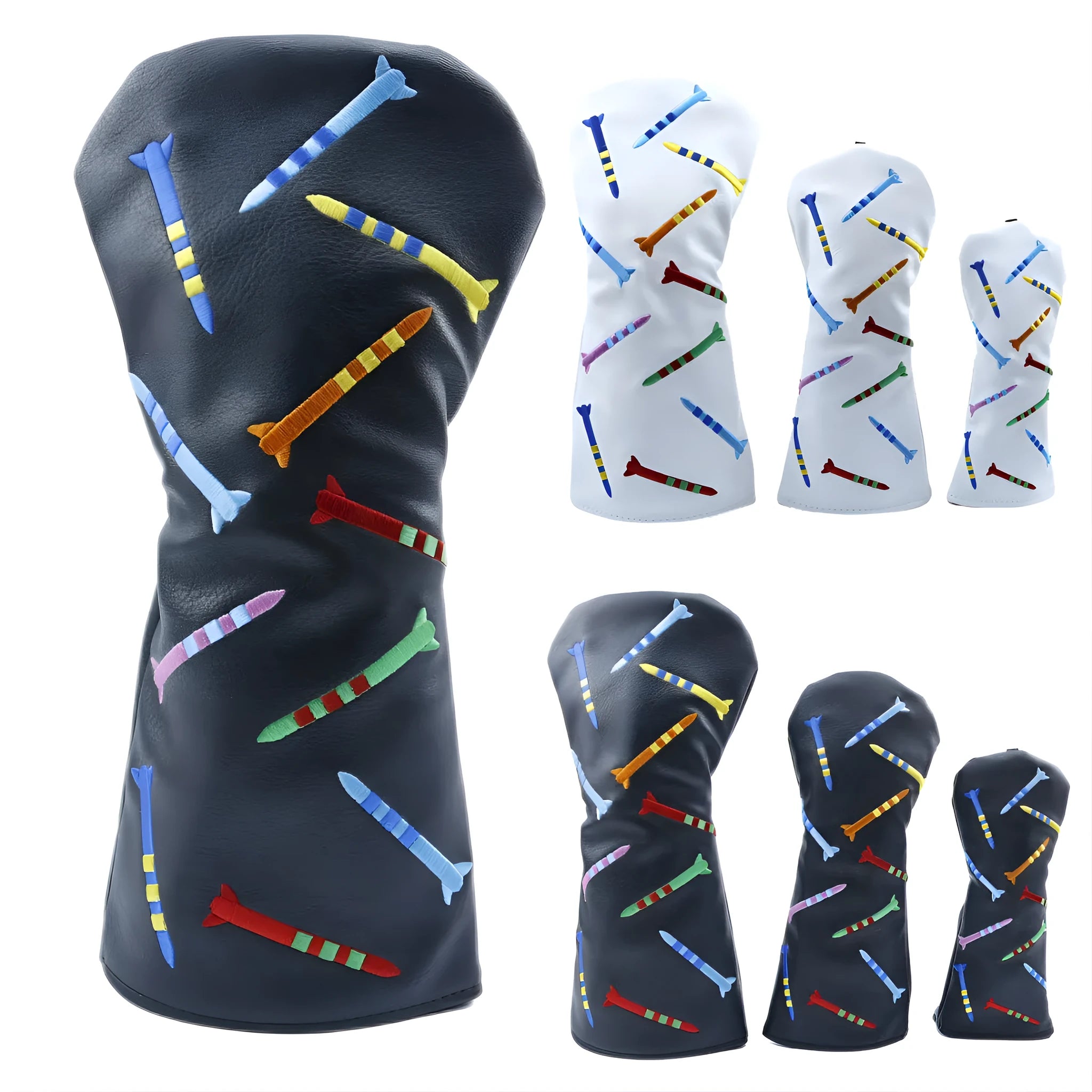 Set of three black golf putting practice clubs in large, medium, and small sizes on a green.