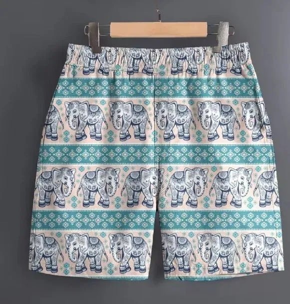 Men's polyester casual shorts in multiple patterns including stripes and camouflage, sizes S to 5XL